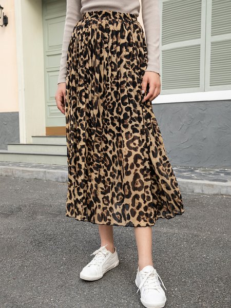 

Leopard Swing Casual Midi Skirt, Khaki, Midi Skirts