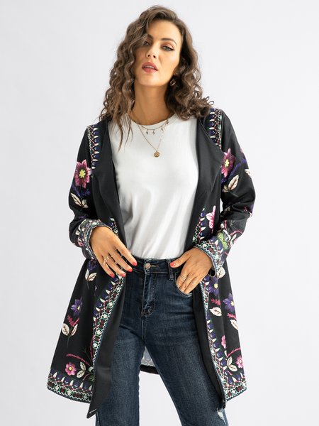 

Cotton blended long sleeve printed cardigan coat, Black, Cardigans