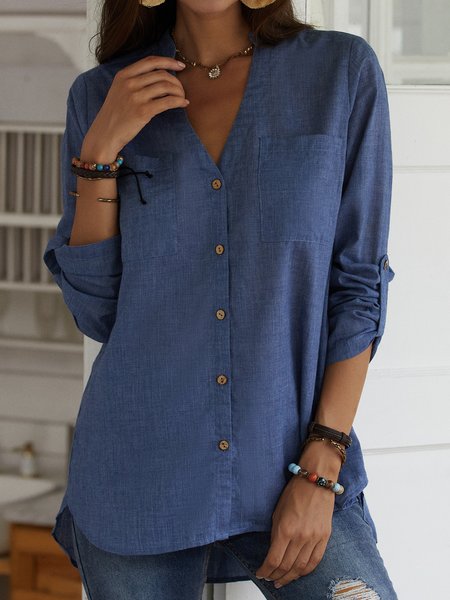 

Basic Vintage Shift V Neck Casual Blouse, Blue, Blouses & Shirts