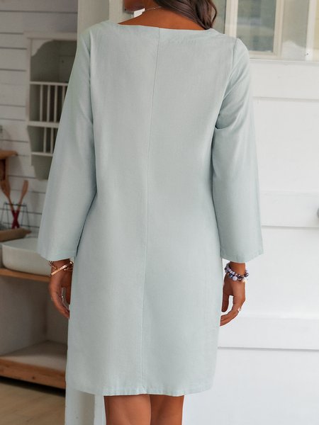 

3/4 Sleeve V Neck Linen Plain Women Dress, Green, Midi Dresses