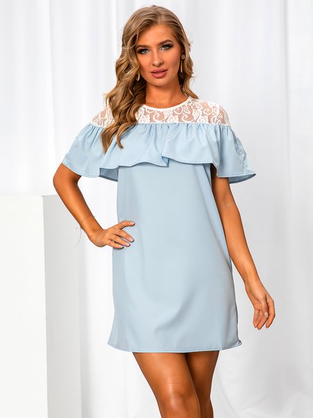 

Short Sleeve Crew Neck A-Line Weaving Dress, Light blue, Dresses