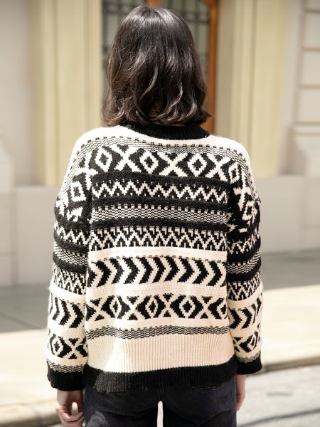 

Long Sleeve Geometric Crew Neck Holiday Sweater, As picture, Pullovers