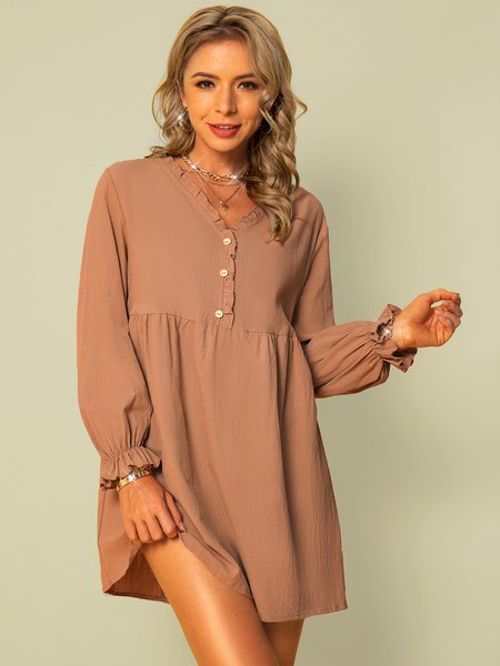 

long sleeve cotton-blend casual dresses, Caramel, Dresses