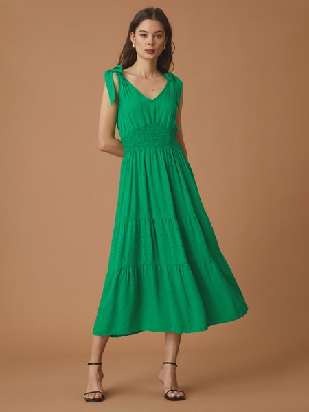 

V Neck Elegant Solid Dress, Green, Maxi Dresses