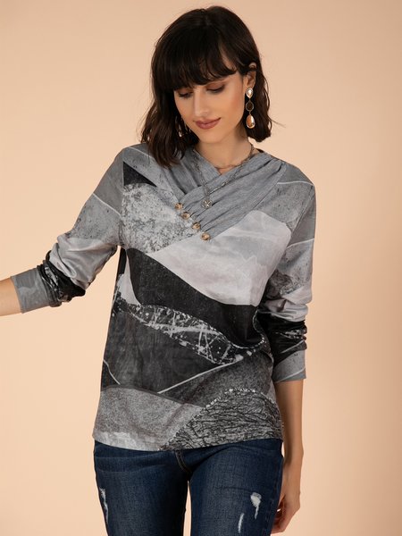 

V Neck Long Sleeve Casual Shift Tops, Gray, Long sleeve tops