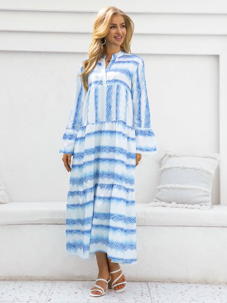 

Stand Collar Long Sleeve Casual Weaving Dress, Light blue, Dresses