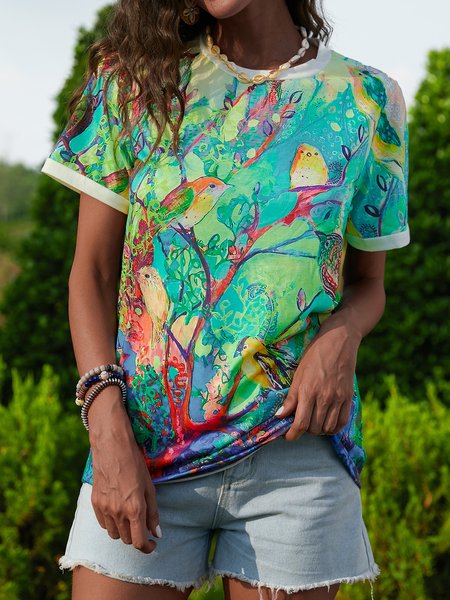 

Crew Neck Printed Casual Cotton T-shirt, Green, T-Shirts
