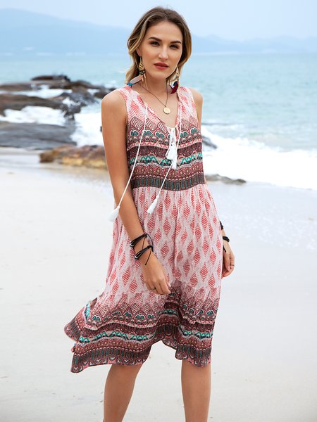 

Sleeveless Tribal V Neck Printed Weaving Dress, Picture color, Dresses