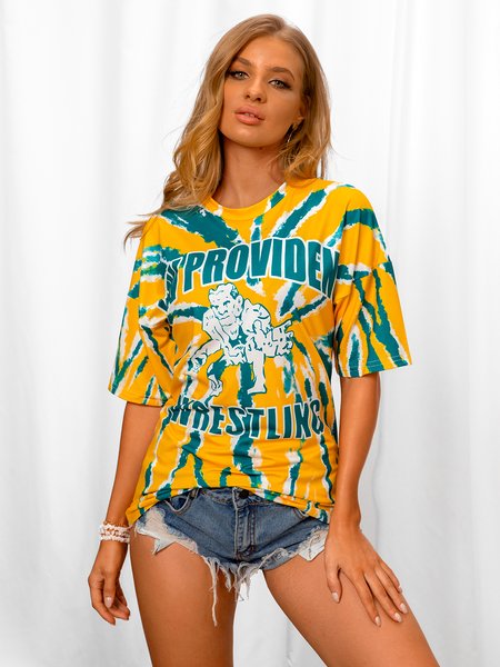 

Casual Crew Neck Short Sleeve T-shirt, Yellow, Tops