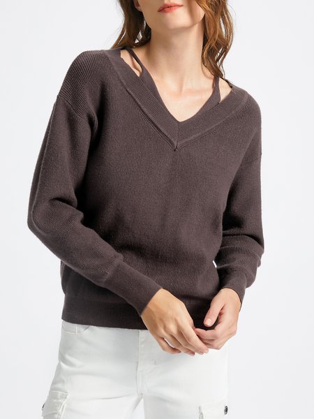 

Cotton Blends Casual V Neck Sweater, As picture, Pullovers