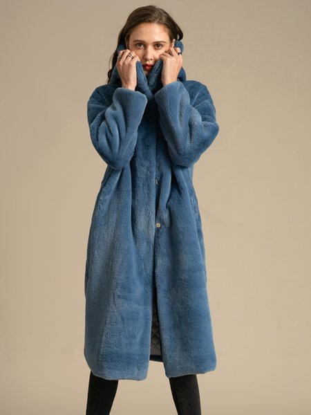 

Elegant Long Sleeve Rabbit Fur Overcoat, Blue, Coats