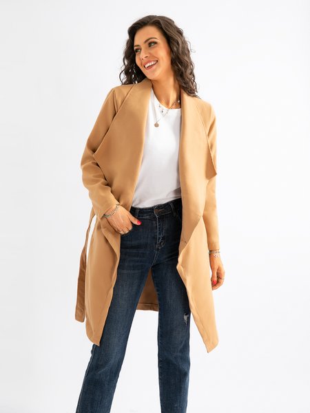 

Lace up tweed coat medium length windbreaker coat, Khaki, Coats