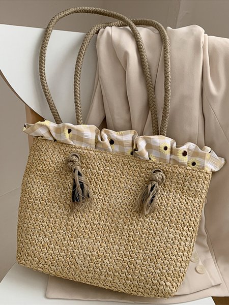 

Woven one-shoulder beach vacation handbag, Khaki, Shoulder Bags