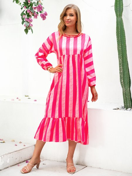 

Stripes A-Line Casual Long Sleeve Weaving Dress, Red, Dresses