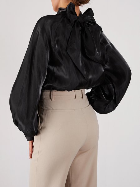 

High Neck Loosen Plain Long Sleeve Elegant Top, Black, Tops
