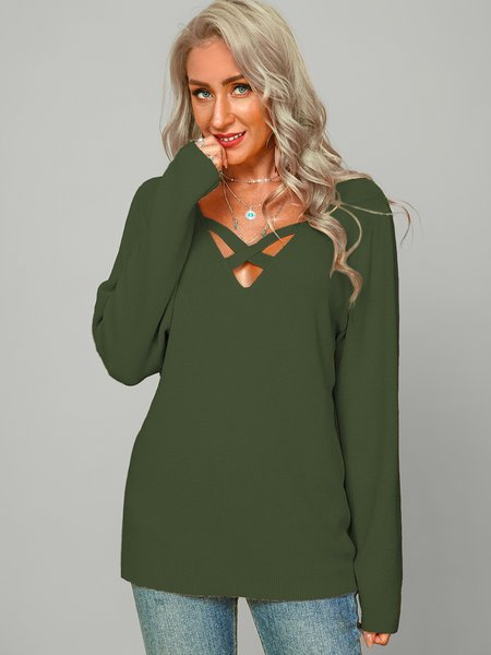 

Long Sleeve Shift V Neck Knitted Shirts & Tops, Army green, Tops