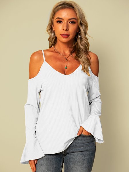 

Solid Holiday Sexy Knitted Shirts & Tops, White, Tops