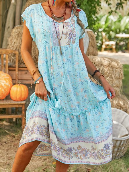 

Boho Short Sleeve Weaving Dress, Blue, Casual Dresses