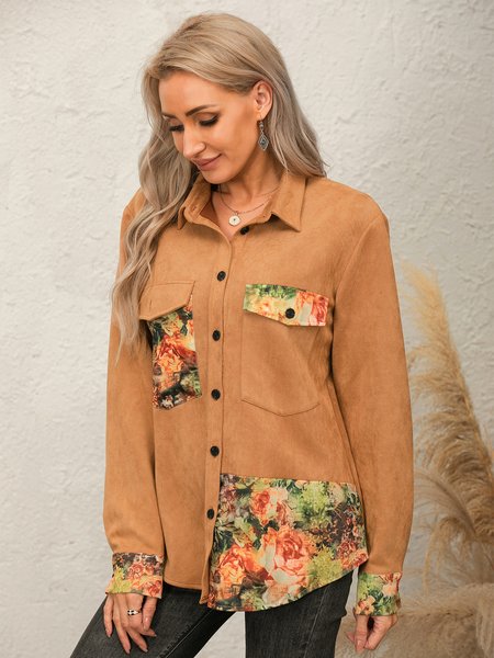 

Vintage Shirt Collar Floral-Print Long Sleeve Shirts & Tops, Khaki, Blouses & Shirts