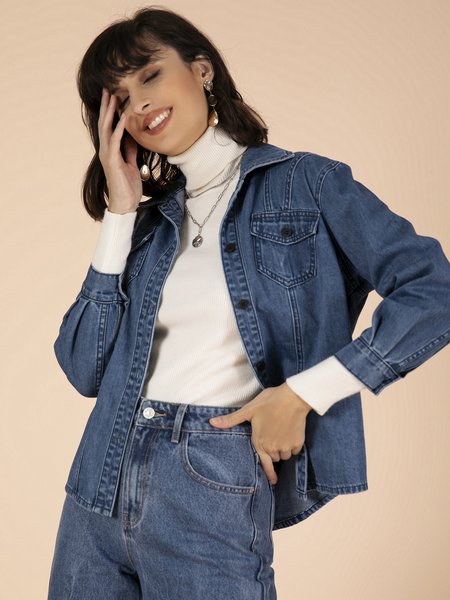 

Casual Shirt Collar Shirts & Tops, Blue, Long sleeve tops