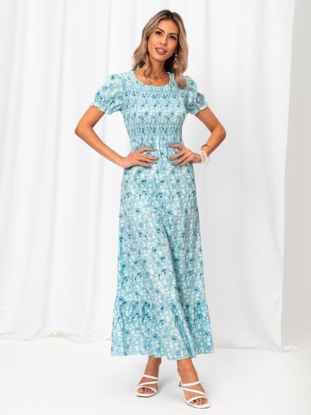 

Floral Crew Neck A-Line Short Sleeve Weaving Dress, Lightblue, Dresses