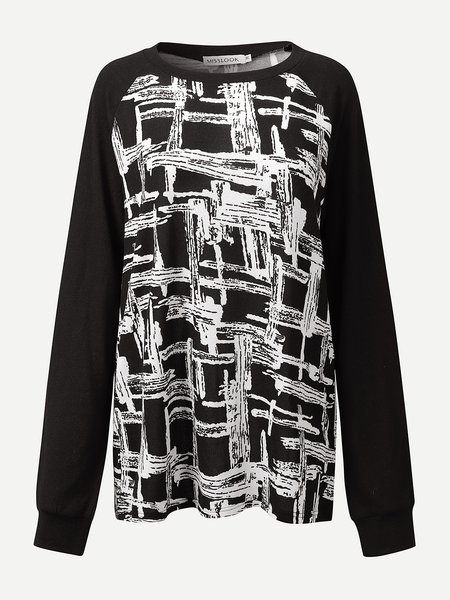 

Crew Neck Casual Abstract Shirts & Tops, Black, T-Shirts
