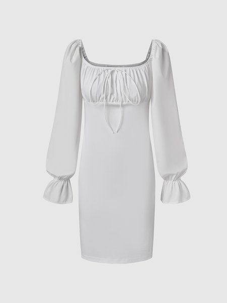 

Slim Fit Puff Sleeve Square Neck Elegant Weaving Dress, White, Mini Dresses