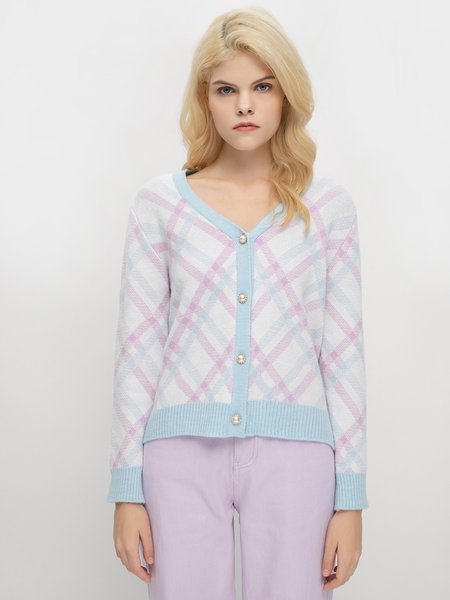 

V Neck Grid Cotton Blends Cardigan, As picture, Cardigans