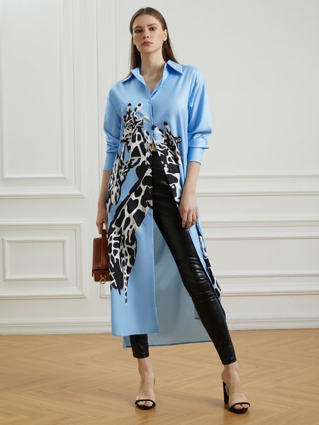 

Vacation Animal Printed Shirt Collar Top, Blue, Tops
