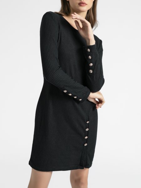 

Sheath Crew Neck Buttoned Long Sleeve Dress, Deep gray, Mini Dresses