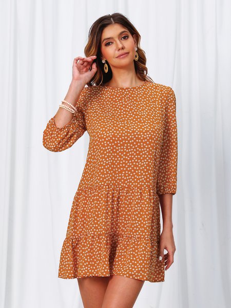 

Sweet Polka Dots Long Sleeve Crew Neck Weaving Dress, Orange, Dresses