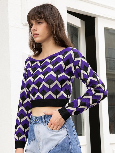 

Geometric Crew Neck Long Sleeve Vintage Pullover, As picture, Pullovers
