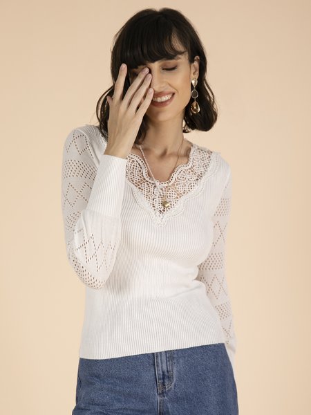 

Women's Solid Lace V-Neck Casual Sweaters, White, Sweaters