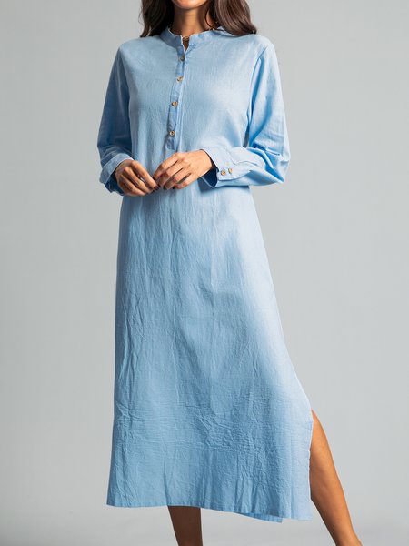 

Cotton-linen Shirt Collar Casual Long Sleeve Weaving Dress, Blue, Midi Dresses