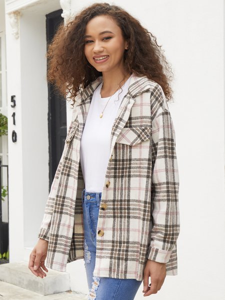 

plaid long sleeve shift outerwear, Apricot, Cardigans