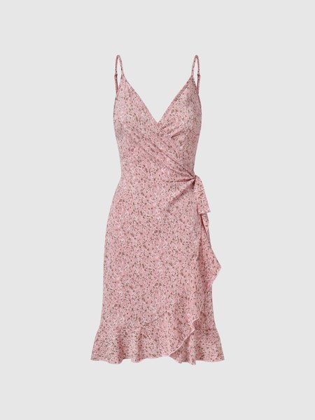 

V Neck Regular Fit Floral Weaving Dress, Pink, Mini Dresses