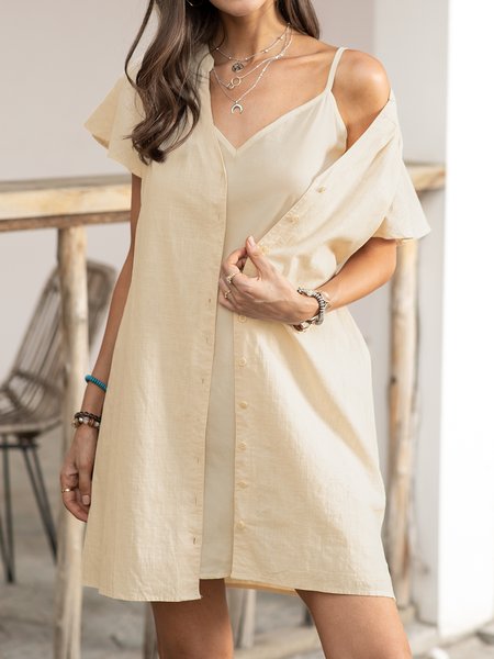

Cotton-blend V Neck Plain Casual Weaving Dress, Apricot, Casual Dresses