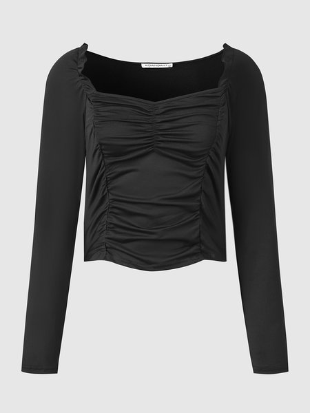 

Simple U-Neck Ruffled Top, Black, Tops