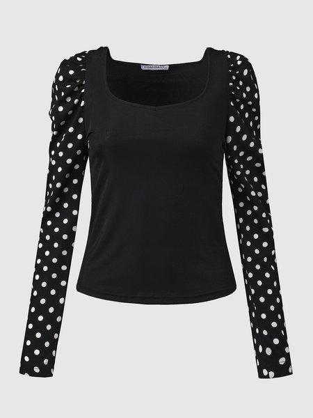 

Polka Dots Crew Neck Simple Top, Black, Tees