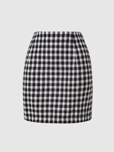 

Simple Checked/Plaid Skirt, Black, Mini Skirts