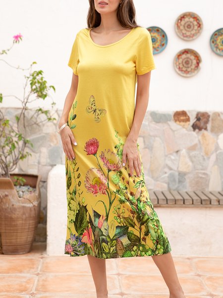 

Casual Short Sleeve Scoop Neckline Floral Dresses, Yellow, Floral Dresses