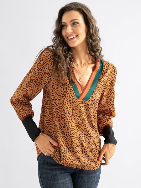

Leopard Paneled Color-block Long Sleeve Shift, Yellow, Long sleeve tops