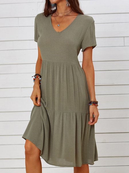 

Basic V Neck Casual Women Dress, Green, Midi Dresses