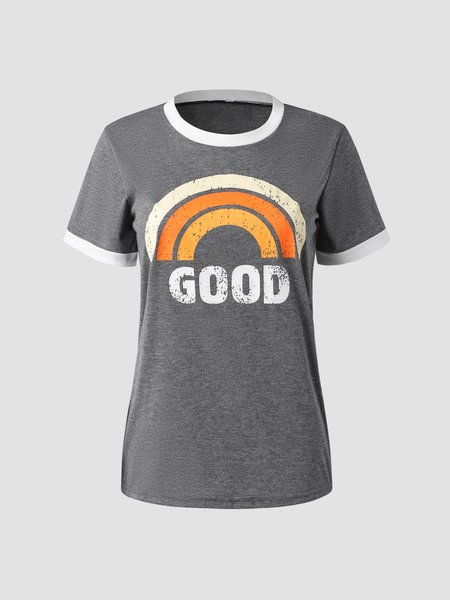 

Casual Simple Loose Print T-Shirt, Dark grey, Women's Clothing