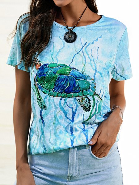 

Turtles Short Sleeve Crew Neck Casual T-shirt, Blue, T-Shirts