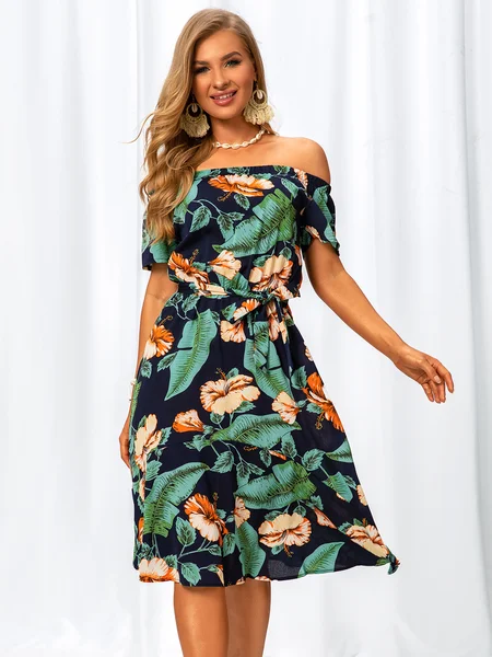 

Off Shoulder Polyester Fibre Short Sleeve Floral Weaving Dress, Green, Dresses