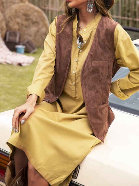 

Cotton-Blend Long Sleeve Vintage Dresses, Yellow, Midi Dresses