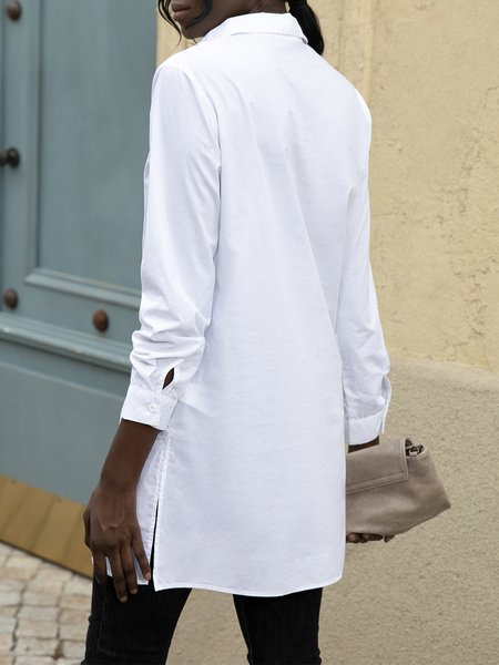 

Long Sleeve Shirt Collar Shift Plain Top, White, Blouses and Shirts