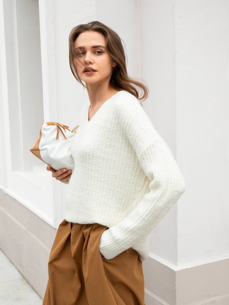 

Long Sleeve Solid Casual Acrylic Pullover, White, Pullovers