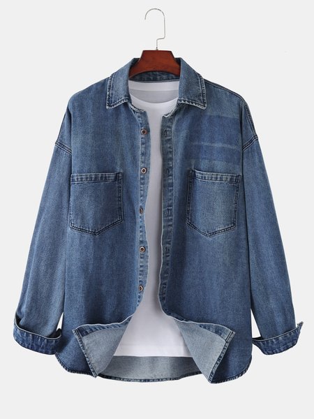

Printed Solid Shirt Collar Shirts & Tops, Denim blue, Jackets & Coats